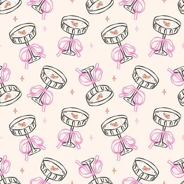 Whimsical Seamless Pattern Coquette Espresso Martini Glass with Bow Hand Dr.. Illustrazione stock