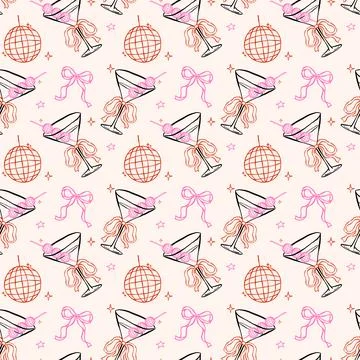 Whimsical Seamless Pattern Disco Ball and Martini Glass with Bow Hand Drawn.. Illustrazione stock