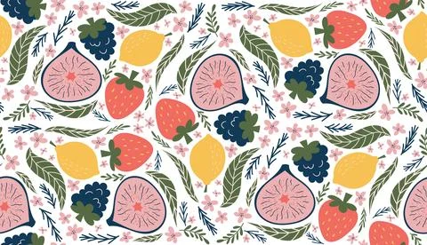 Whimsical seamless pattern featuring illustrations of blackberries, lemons,.. Stock Illustration