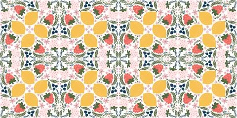 Whimsical seamless pattern featuring illustrations of raspberries, lemons, white 스톡 일러스트