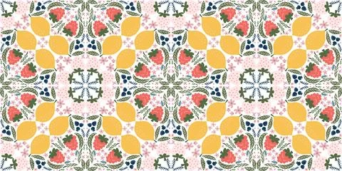 Whimsical seamless pattern featuring illustrations of raspberries, lemons, white Illustrazione stock