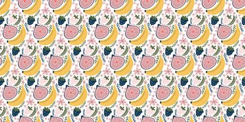 Whimsical seamless pattern featuring illustrations of bananas, figs, blackb.. Stock Illustration