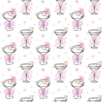 Whimsical Seamless Pattern Girly Martini Glass with Bow and Heart Olive Han.. Stock Illustration