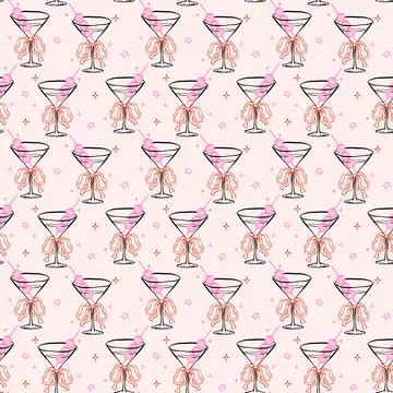 Whimsical Seamless Pattern Martini Glass with Bow and Disco Ball Olive Hand.. Stock Illustration