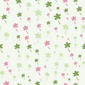Whimsical seamless pattern showcasing small green and pink hand-drawn clover Stock Illustration
