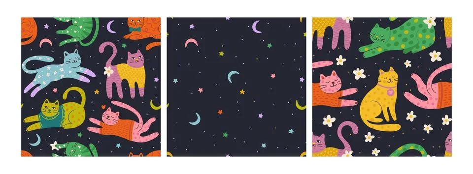 Whimsical Seamless Vector Pattern Set With Colorful Cats, Stars, Crescent Moons Stock Illustration