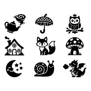 Whimsical Set of Nine Flat Black and White Fantasy Icons 库存插图