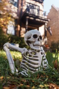 Whimsical Skeleton Lying in Grass in Front of Cozy Brick House  Halloween Dec 库存照片