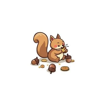 Whimsical squirrel enjoying snack time with acorns and treats in a charming.. Illustrazione stock