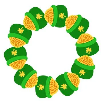 Whimsical St Patricks Day vector frame with pots of gold elements arranged in 库存插图