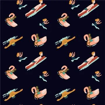 Whimsical swimming pool fun with floaties and mermaids pattern design Stock Illustration