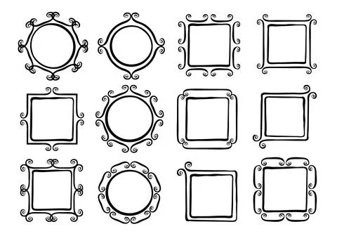 Whimsical swirl frames hand painted with ink brush Stock Illustration