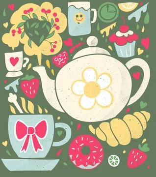 Whimsical tea time illustration featuring teapot, cups Stock Illustration