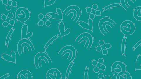 Whimsical Teal Background with Hand-Drawn Hearts and Flowers. Stock Footage 321847644