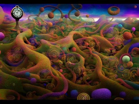 Whimsical time clock dreamscape colorful abstract background seq 17 of 32 Stock Illustration