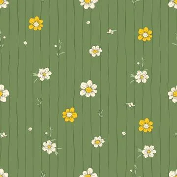 Whimsical Tiny Daisy Flower Seamless Pattern With Stripes Floral Spring Sum.. Stock Illustration