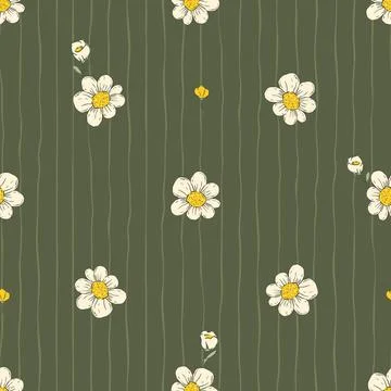 Whimsical Tiny Daisy Flower Seamless Pattern With Stripes Floral Spring Sum.. Ilustración de archivo