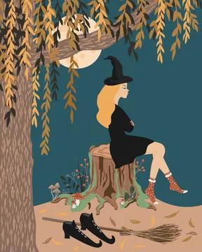 Whimsical tired witch casually sitting on a tree stump in a forest with sho.. Stock Illustration