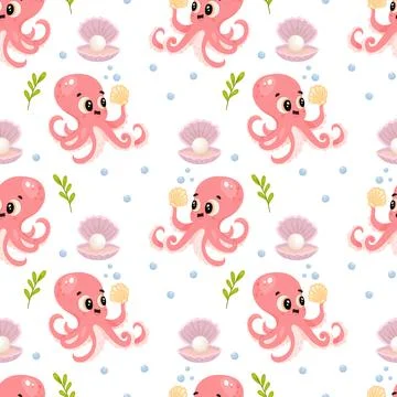 Whimsical underwater pattern featuring a smiling octopus holding a shell wi.. Illustrazione stock