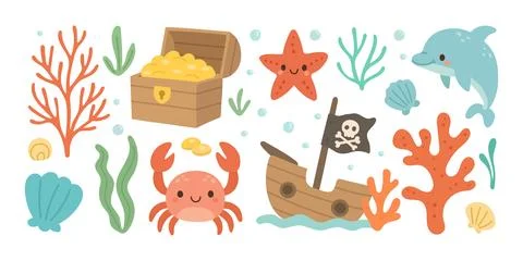 Whimsical underwater pirate vector set with a smiling crab, dolphin, treasure Stock Illustration