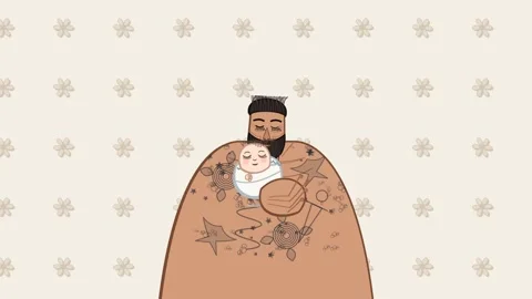 Whimsical UPA Animation Of Tattooed Man Holding Sleeping Baby Stock Footage 340970378
