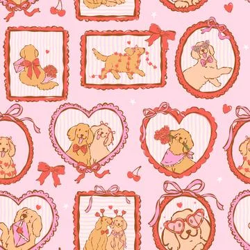 Whimsical valentine frames seamless pattern golden retriever dog hand drawn.. Stock Illustration