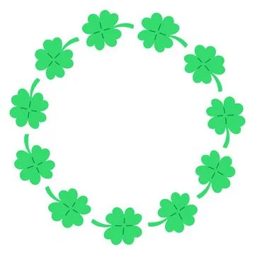 Whimsical vector circular frame made of green clover leaves. Cute hand drawn Stock Illustration