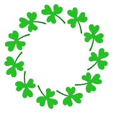 Whimsical vector circular frame made of green clover leaves. Cute hand drawn Stock Illustration