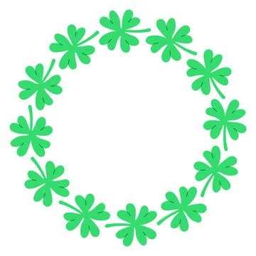 Whimsical vector circular frame made of green clover leaves. Cute hand drawn Stock Illustration
