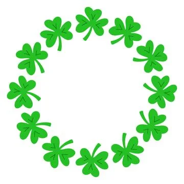 Whimsical vector circular frame made of green clover leaves. Cute hand drawn Stock Illustration