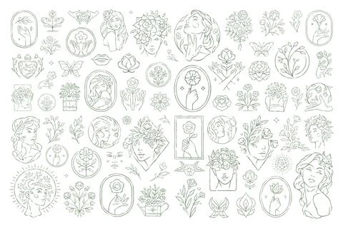 A Whimsical Vector Illustration Big Set Of Divine Feminine Floral Icons Ilustración de archivo