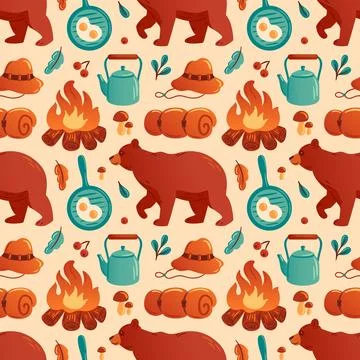 Whimsical vector illustration features a charming camping pattern with bears Stock Illustration