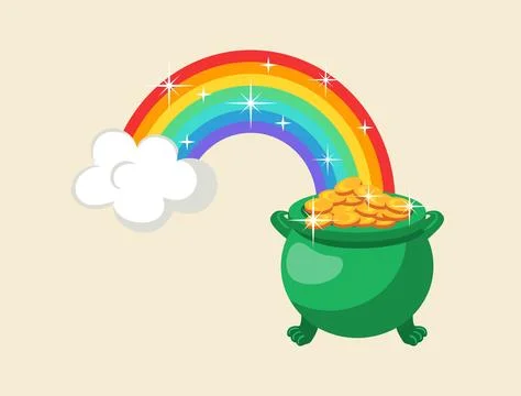 A whimsical vector illustration featuring a vibrant rainbow arching over a lu Stock Illustration