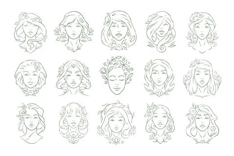 A Whimsical Vector Illustration Set Of Beautiful Floral Woman Face Portraits 스톡 일러스트