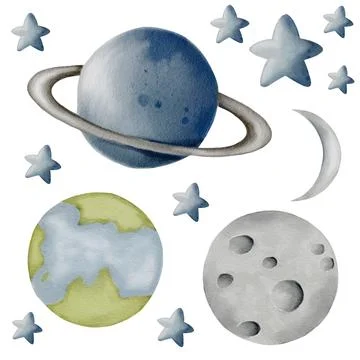 Whimsical watercolor illustrations of space elements featuring planets and .. Stock Illustration