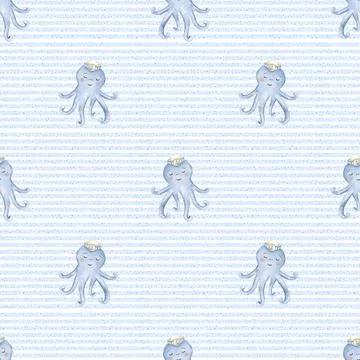 Whimsical watercolor octopus pattern on soft blue background for fabric and.. Stock Illustration