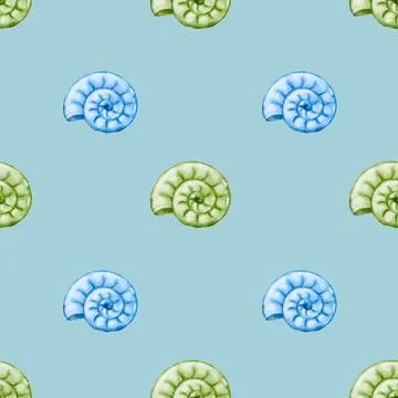 Whimsical watercolor shells pattern on blue background for textile designs Stock Photos