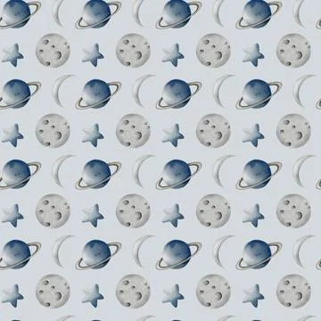 Whimsical watercolor space pattern featuring baby planets and stars for fab.. Stock Illustration