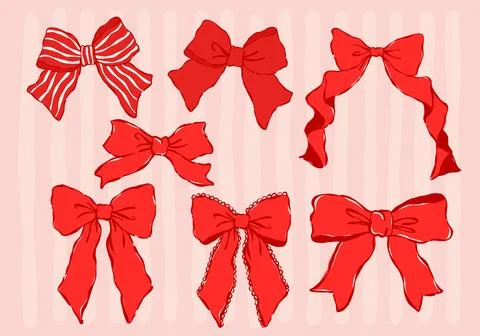 Whimsical Wavy Oversized Red Bow Elements Hand Drawn in Coquette Aesthetic Se 스톡 일러스트