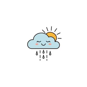Whimsical weather illustration featuring a smiling cloud with rain and sunl.. Stock Illustration