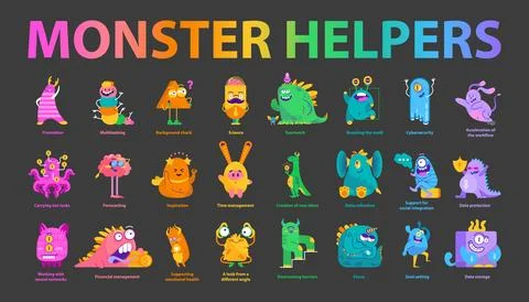 Whimsical Workforce Set. Monster helpers. Vector illustration. Illustrazione stock