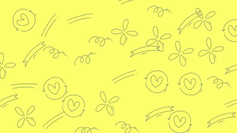 Whimsical Yellow Background with Hand-Drawn Hearts and Flowers Pattern. Stock Footage 322986171