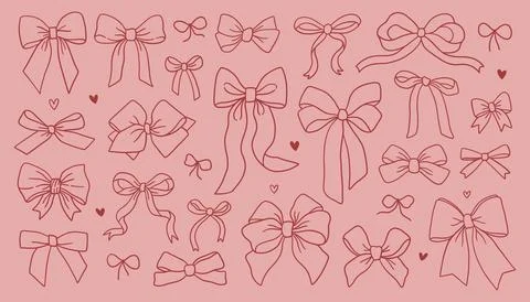 Whimsy bow set. Collection of various bow designs on a pink background. Outline Stock Illustration