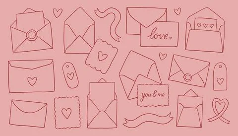 Whimsy envelope set. Collection of various envelope designs on a pink background Stock Illustration