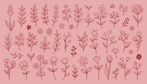 Whimsy flower set. Collection of various flower branch leaf designs on a pink Stock Illustration