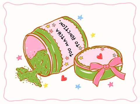 Whimsy girly matcha tin can spilled Saying quote whimsical hand drawn doodle Stock-Illustration
