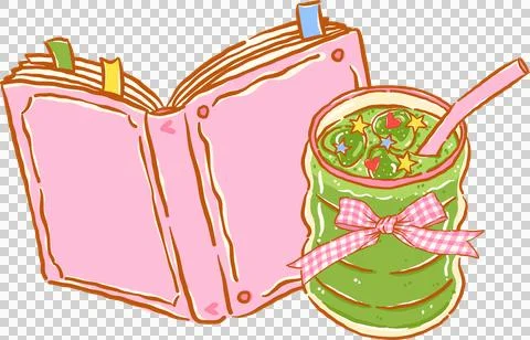 Whimsy Iced Matcha Latte Bookish with Pink Opened Book and Gingham Bow Dood.. Stockillustratie