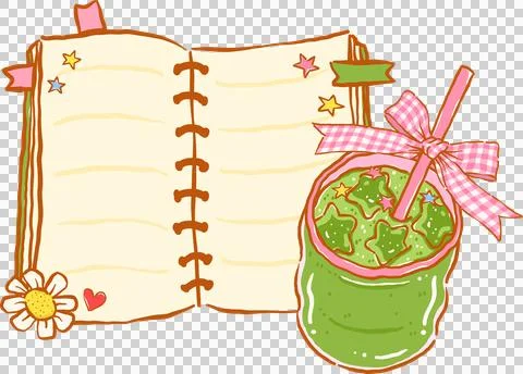 Whimsy Iced Matcha Latte Bookish with Pink Opened Journal Notebook and Ging.. Stock Illustration