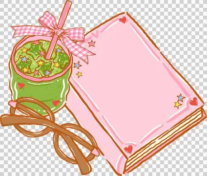 Whimsy Iced Matcha Latte Bookish with Pink Close Book and Glasses Inky Hand.. Stockillustratie