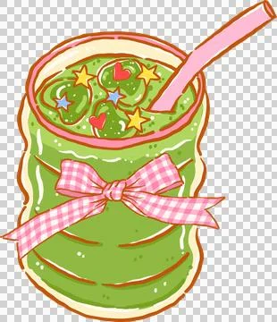 Whimsy Iced Matcha Latte Drink with Pink Gingham Ribbon Bow Doodle Hand Drawn Stock Illustration